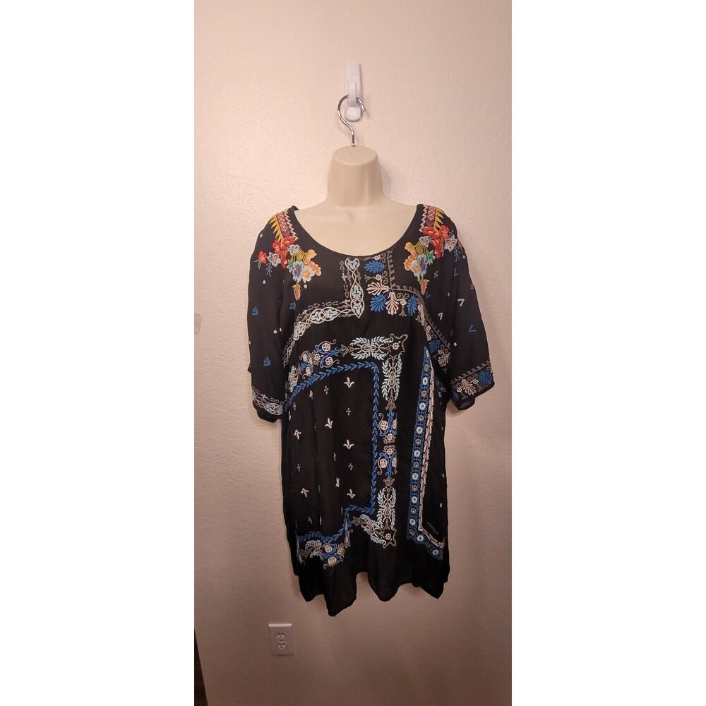JOHNNY WAS 3x BLACK MULTI Tunic - Embroidered Cupra - short sleeve Shirt Blouse - Picture 7 of 13